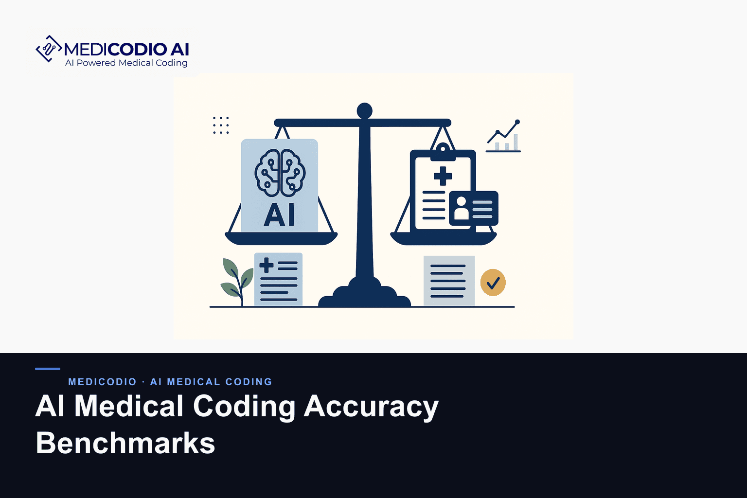 Flat MediCodio illustration representing AI Medical Coding Accuracy Benchmarks for AI medical coding