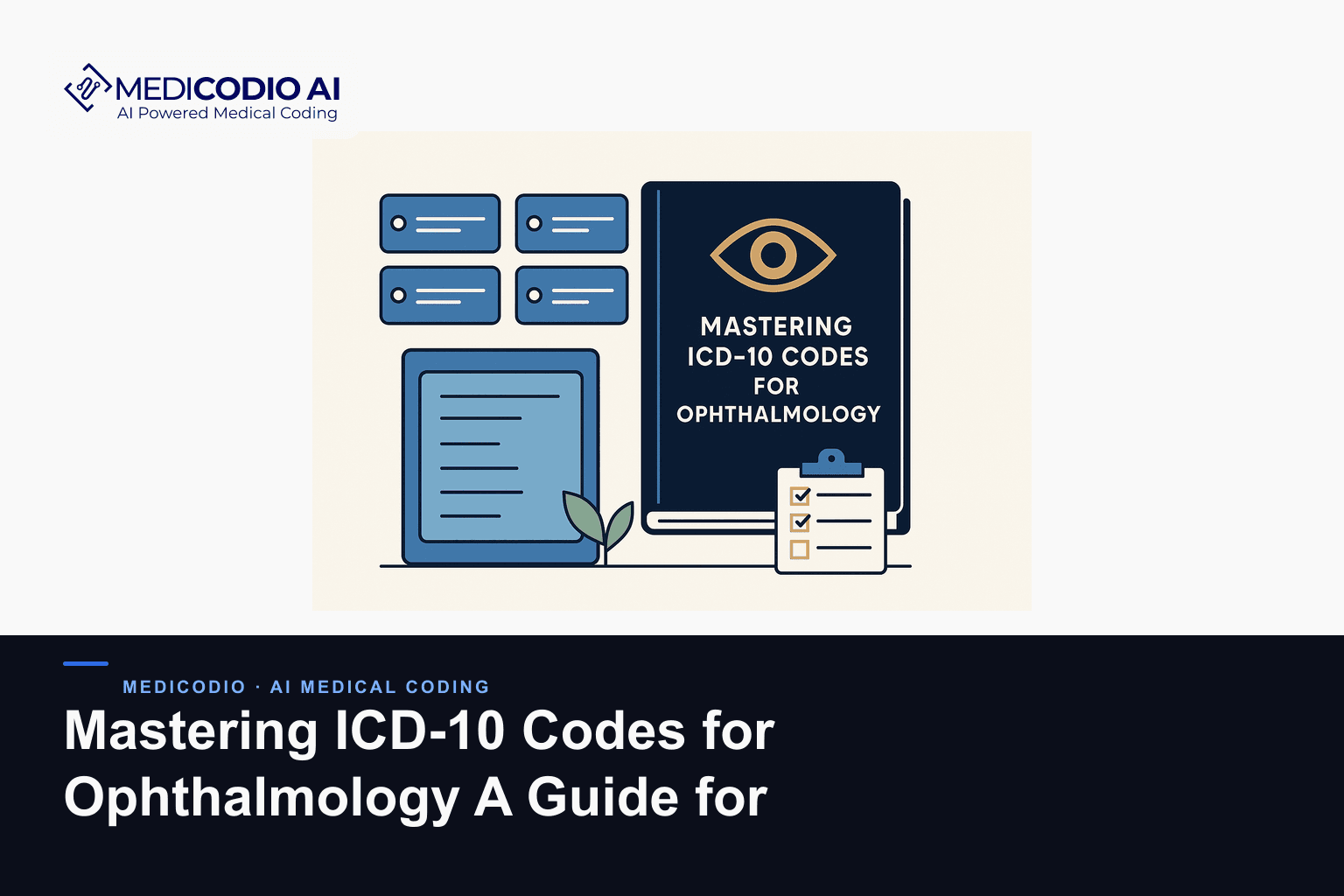 Flat MediCodio illustration representing Mastering ICD-10 Codes for Ophthalmology A Guide for Medical Coders for AI medical coding