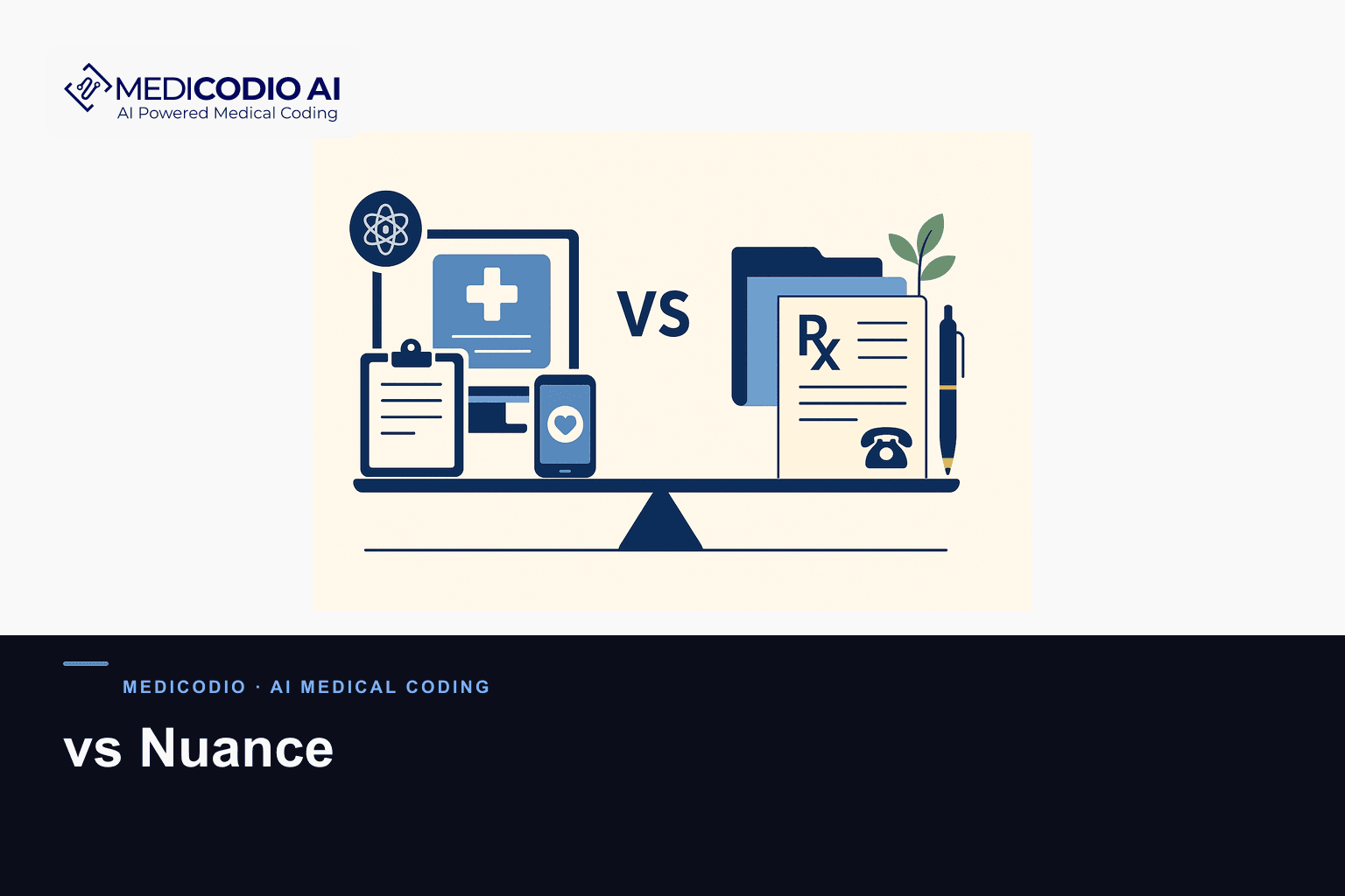 Flat MediCodio illustration representing vs Nuance for AI medical coding
