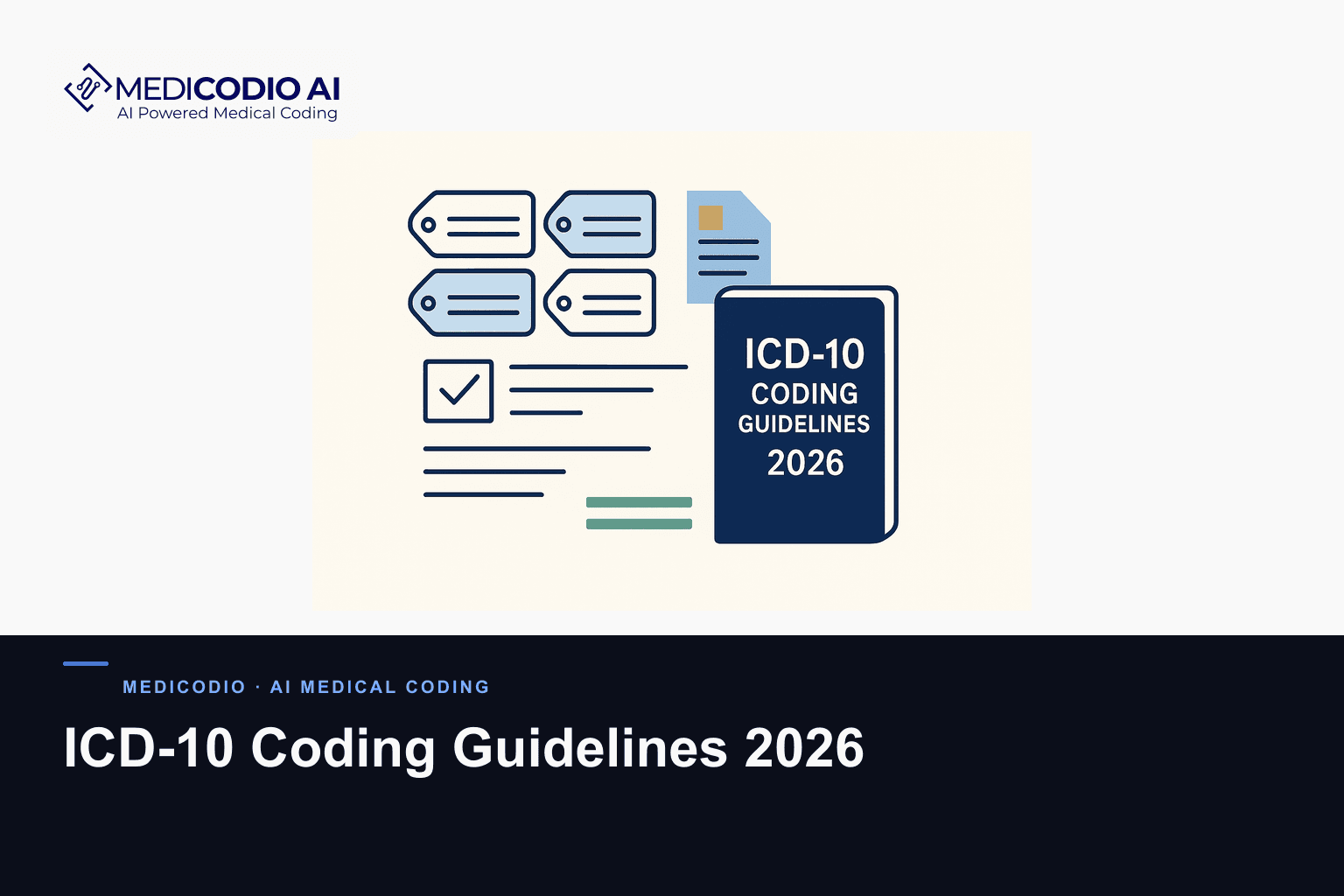 Flat MediCodio illustration representing ICD-10 Coding Guidelines 2026 for AI medical coding