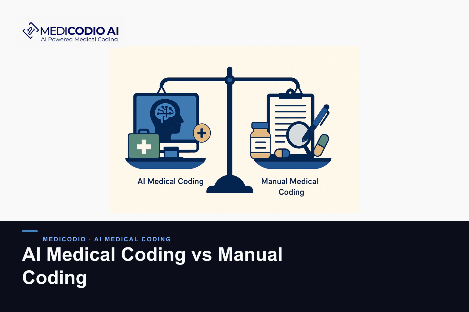 Flat MediCodio illustration representing AI Medical Coding vs Manual Coding for AI medical coding
