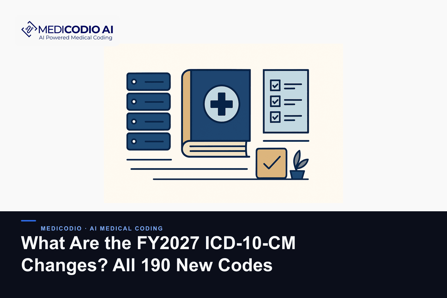 Flat MediCodio illustration representing What Are the FY2027 ICD-10-CM Changes? All 190 New Codes Explained for AI medical coding