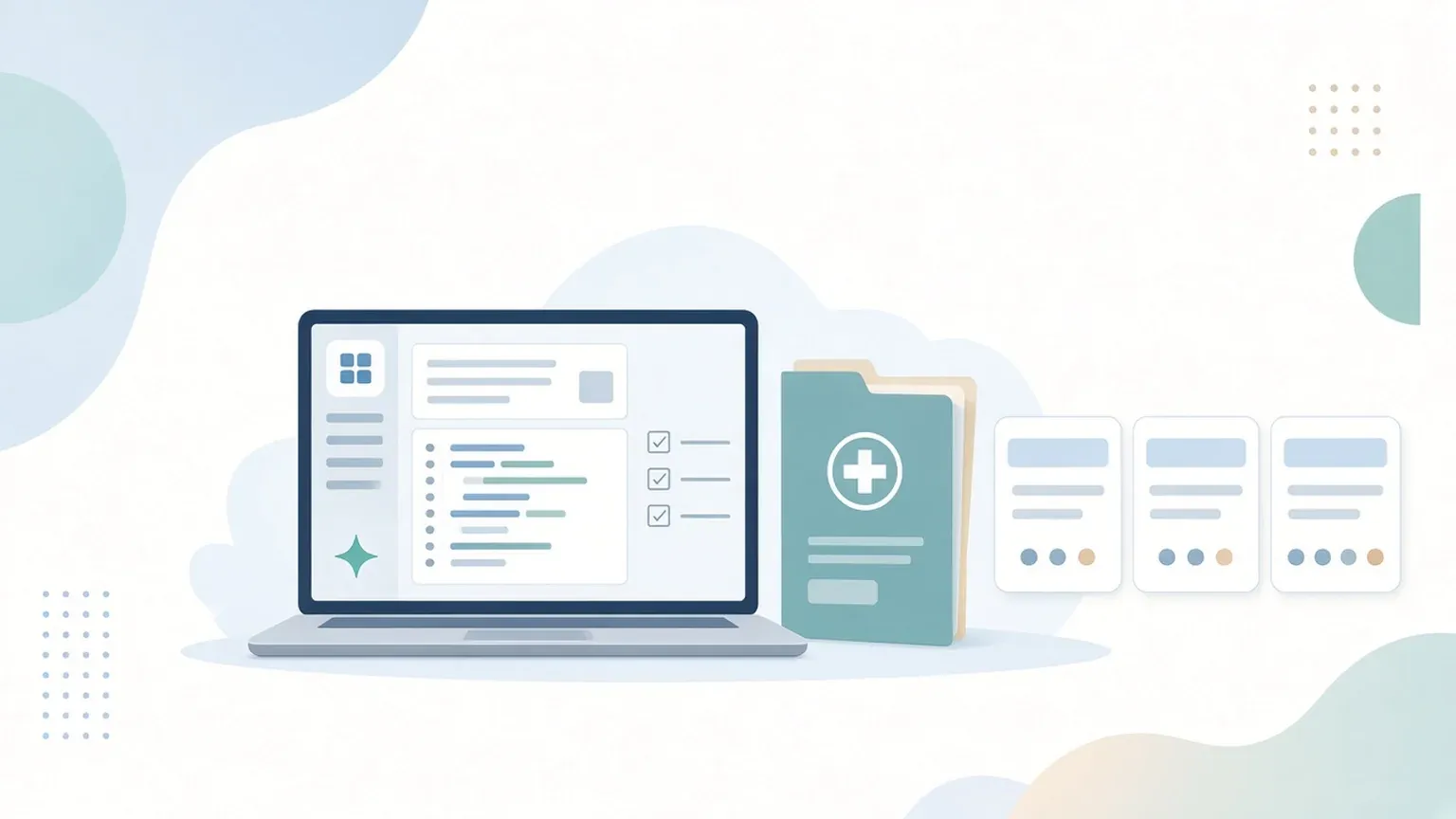 Illustration of a laptop showing an AI-assisted medical coding workflow next to a patient chart folder and three blank comparison cards, representing a buyer's guide to coding software for healthcare providers.