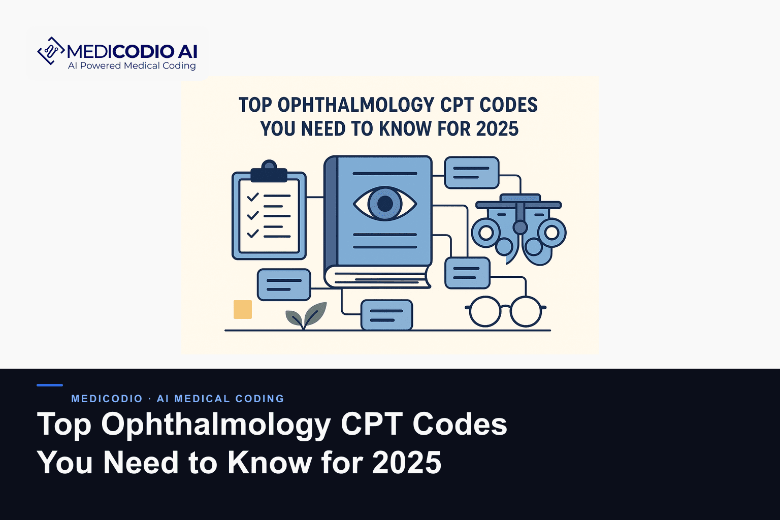 Flat MediCodio illustration representing Top Ophthalmology CPT Codes You Need to Know for 2025 for AI medical coding