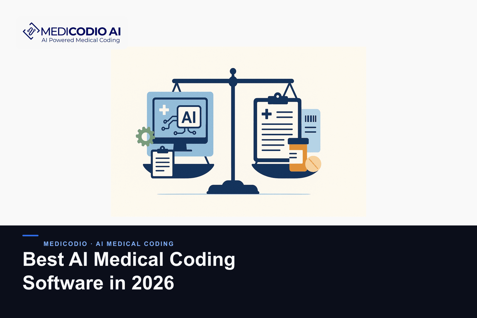 Flat MediCodio illustration representing Best AI Medical Coding Software in 2026 for AI medical coding