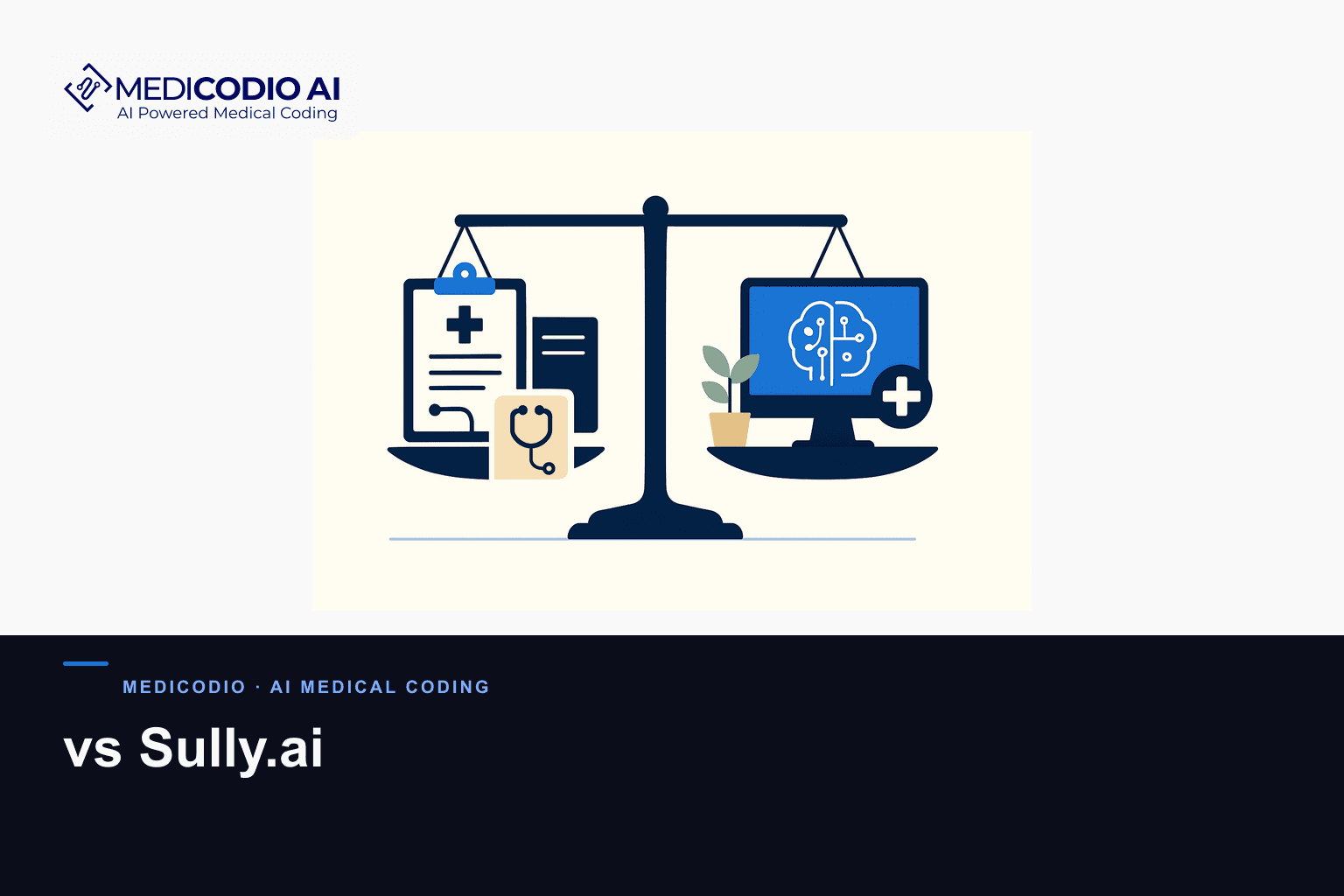 Flat MediCodio illustration representing vs Sully.ai for AI medical coding