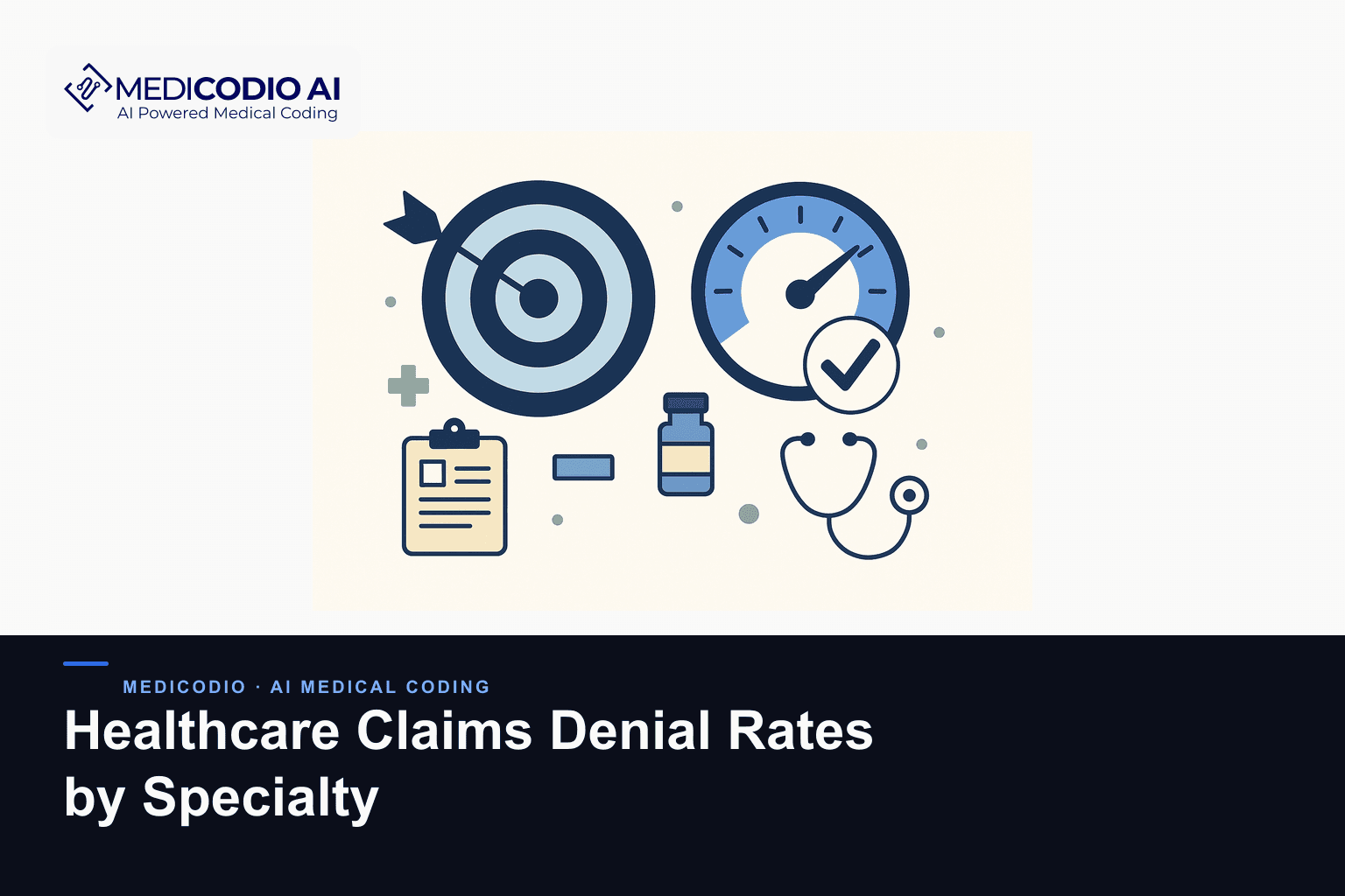 Flat MediCodio illustration representing Healthcare Claims Denial Rates by Specialty for AI medical coding