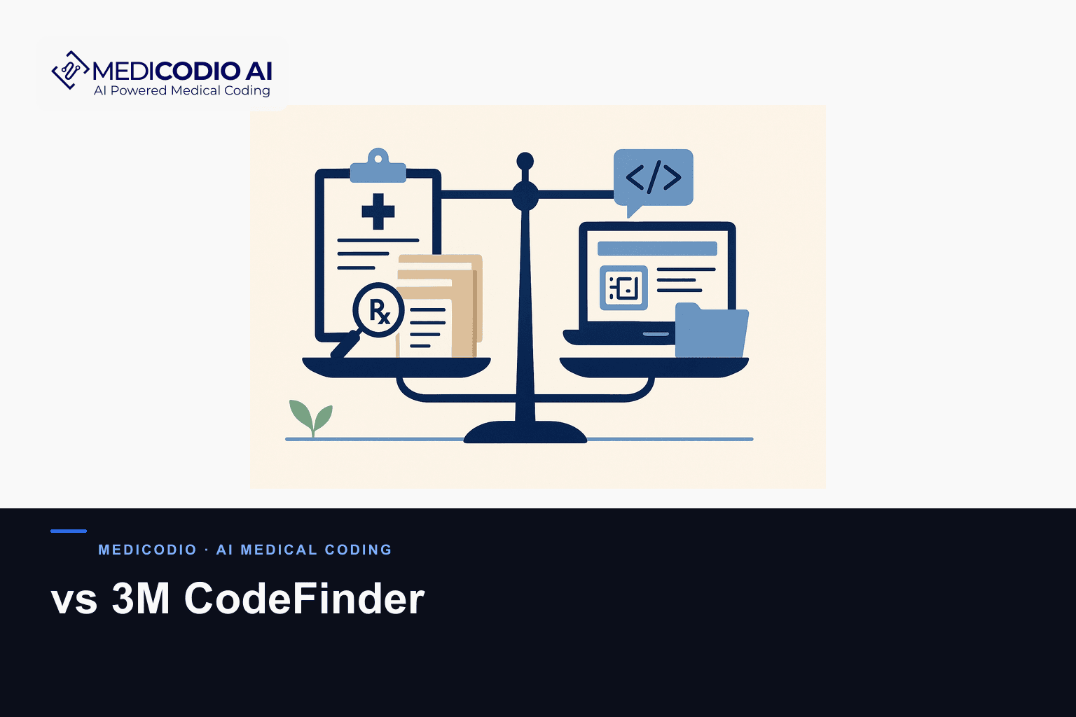 Flat MediCodio illustration representing vs 3M CodeFinder for AI medical coding