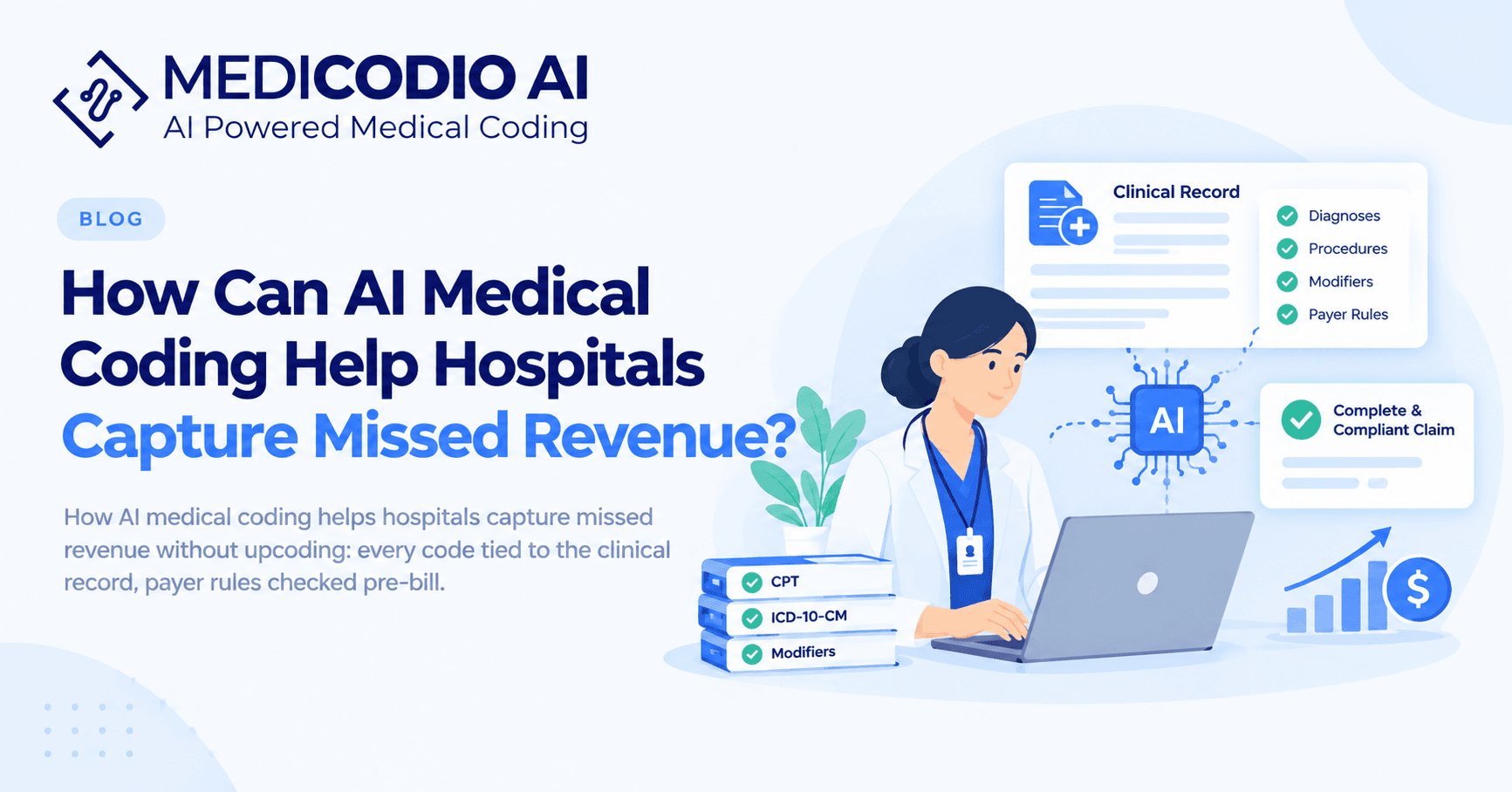 Illustration of a coder at a laptop with a clinical record checklist, CPT and ICD-10-CM books and an AI node forming a claim