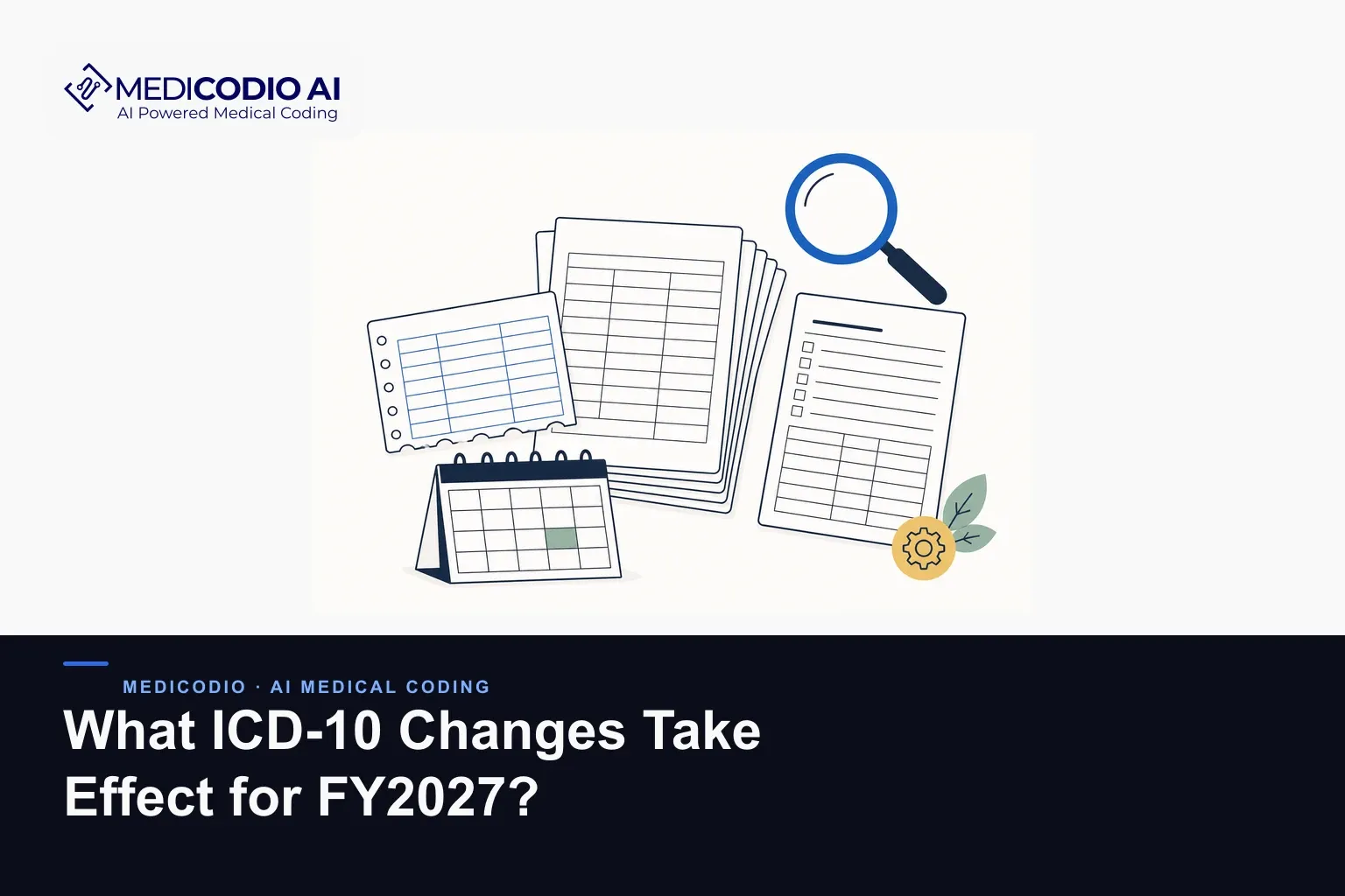Flat MediCodio illustration of a stack of code sheets, torn card, calendar and magnifying glass, for ICD-10 changes