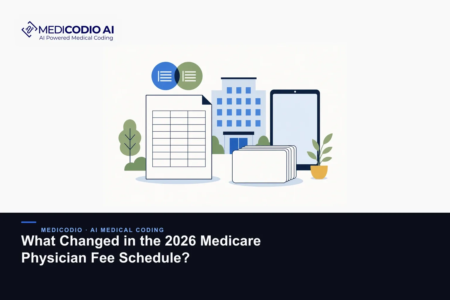 Flat MediCodio illustration of an arrangement of fee sheet, conversion tokens, code cards, office and tablet