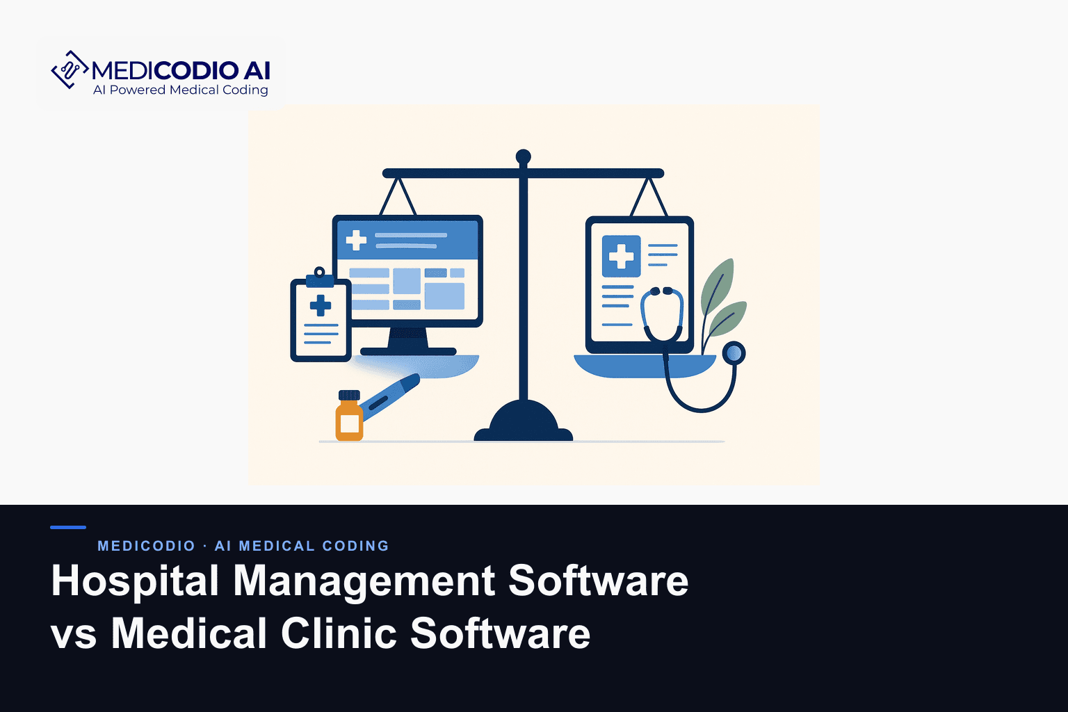Flat MediCodio illustration representing Hospital Management Software vs Medical Clinic Software for AI medical coding