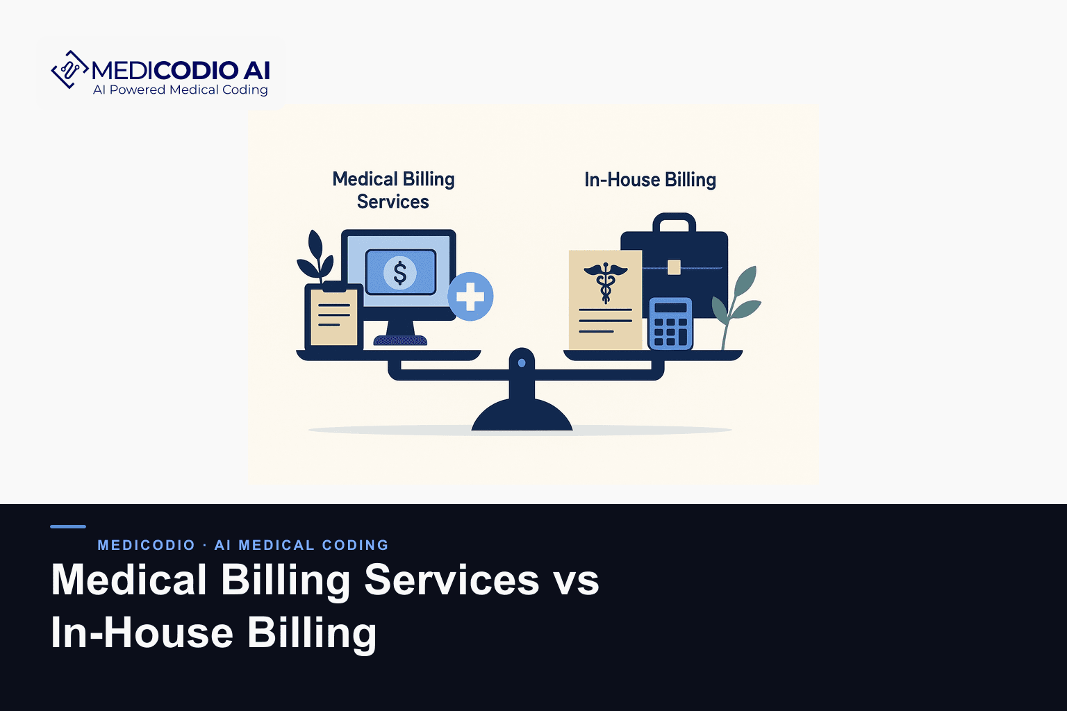Flat MediCodio illustration representing Medical Billing Services vs In-House Billing for AI medical coding