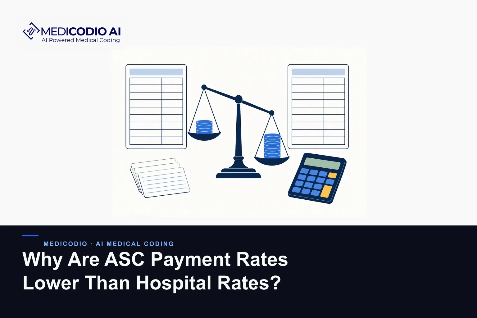 Flat MediCodio illustration of an image of addendum sheets, tilted scale, coins, and calculator, for ASC payment rates