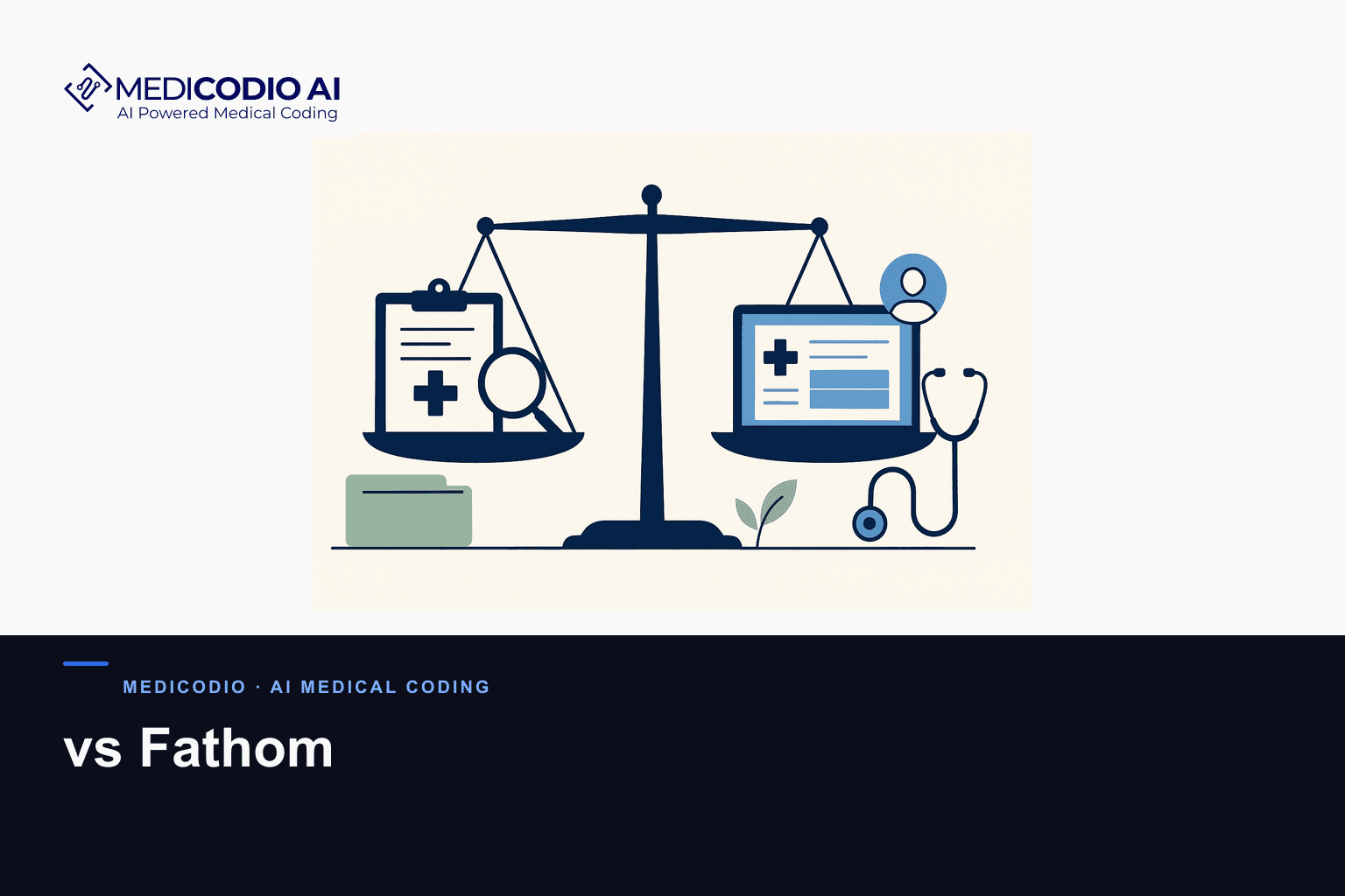 Flat MediCodio illustration representing vs Fathom for AI medical coding